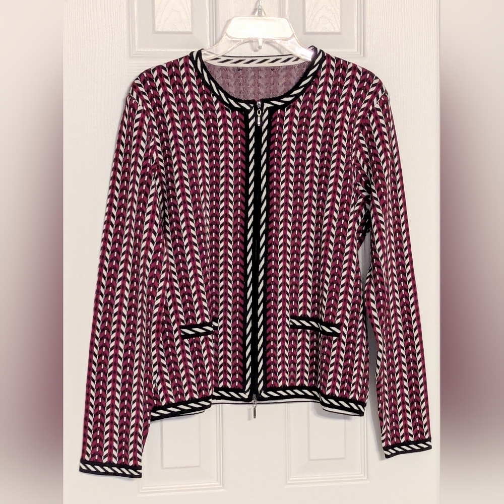 Kasper Women's (Large) Black Red & White Zip-Front Geometric Pattern Cardigan